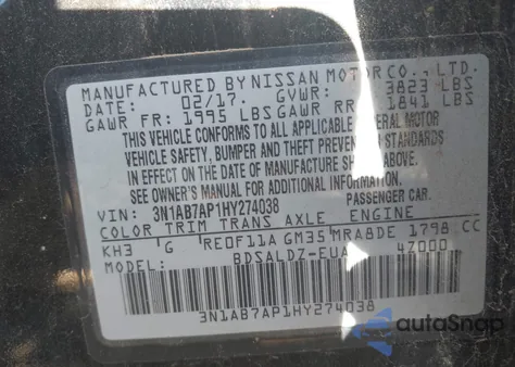 2017 Nissan Sentra Sv from USA, damaged, VIN 3N1AB7AP1HY274038